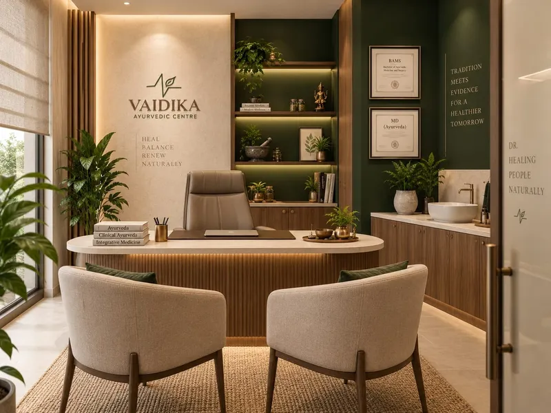 Ayurvedic doctor consultation room with desk and two patient chairs (artist impression)