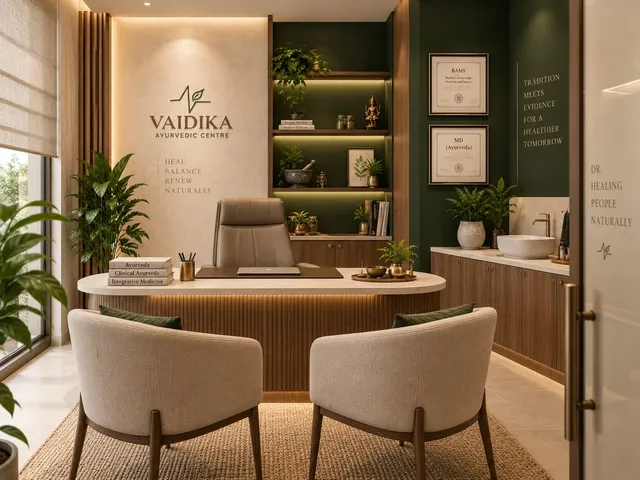 Ayurvedic doctor consultation room with desk and two patient chairs (artist impression)