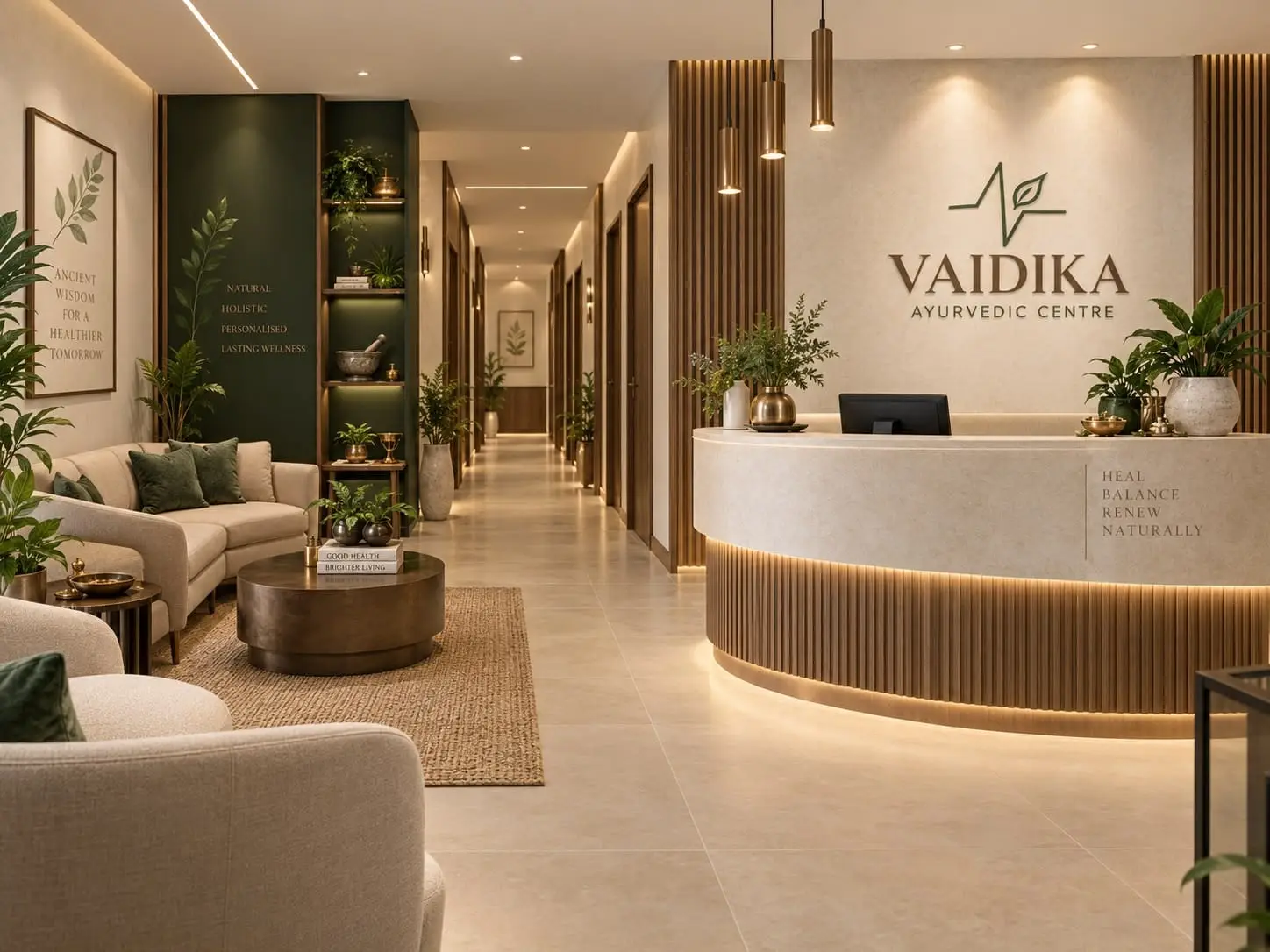 Reception and waiting lounge of Vaidika Ayurvedic Centre in Deira, Dubai (artist impression)