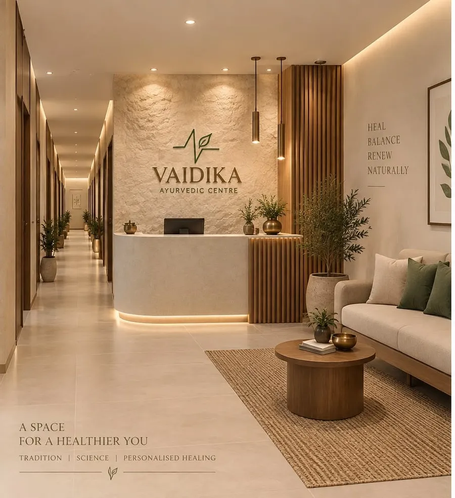 Waiting lounge with sofa, plants and the Vaidika logo wall (artist impression)