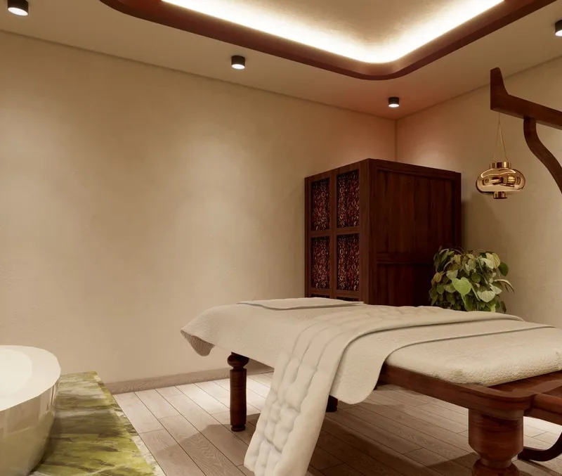 Traditional wooden Ayurvedic treatment table in a Panchakarma therapy room (artist impression)